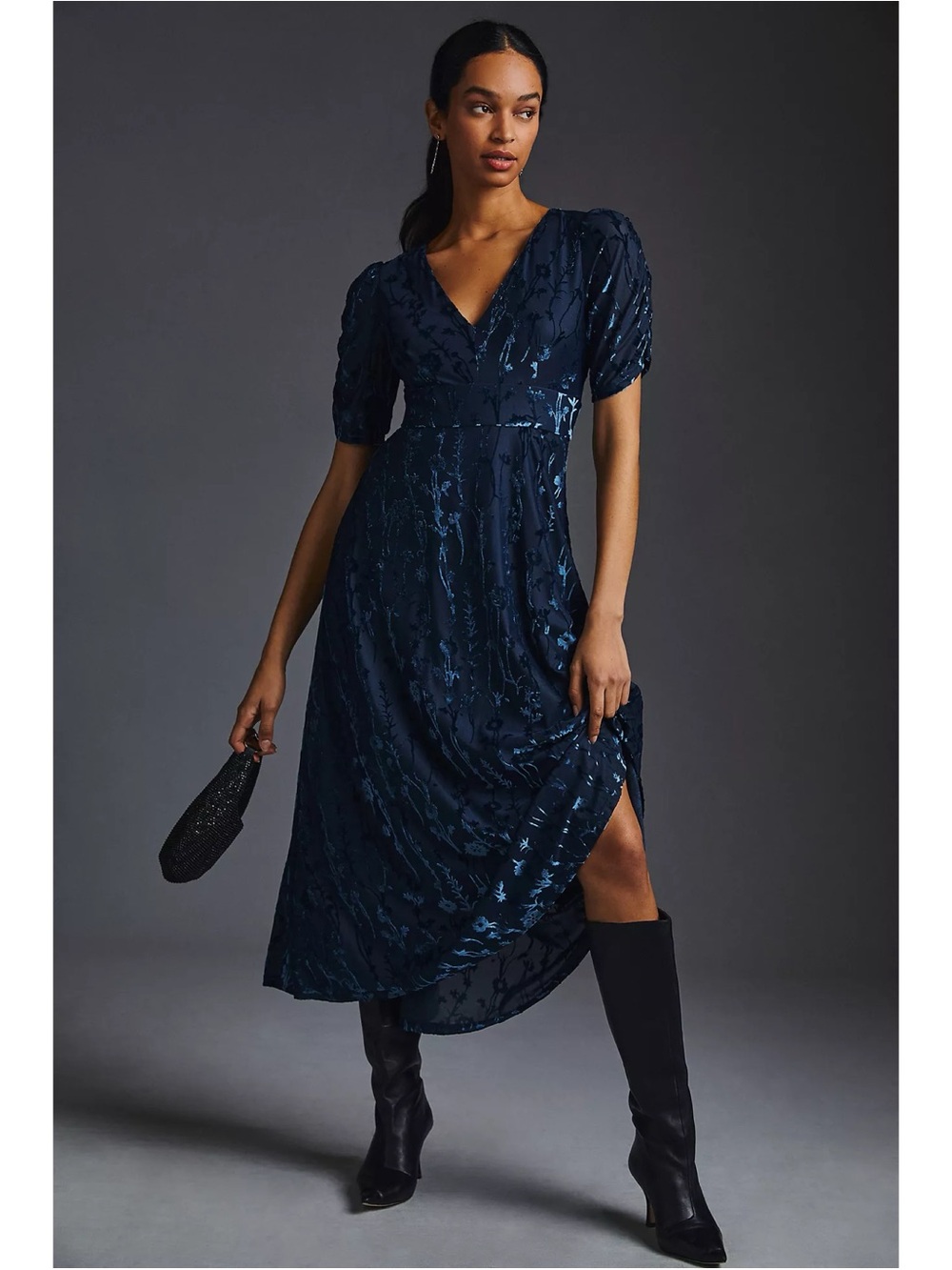 Anthropologie Hutch Puff Sleeve Velvet Midi Dress Blue Sz 8